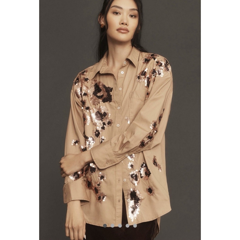 Anthropologie Maeve Bennet Button Down Shirt Sz XS Sequin Leopard Mob Cheetah
